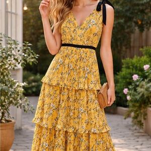 Lulu's Yellow Floral Midi Dress with Black Details